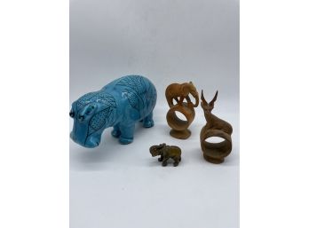 William The Faience Hippopotamus, Antelope/elephanr Wood Napkin Holders, And Mini Elephant Figurine