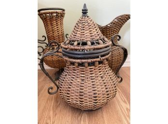 Boho Woven Wicker And Metal Floor Vase, Decorative Base And Por