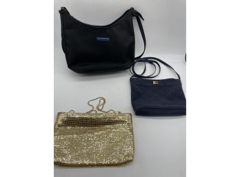 Carla Marchi Gold Mesh Purse, Dior Cross Body Bag And Adorable Black Shoulder Purse With Blue Interior