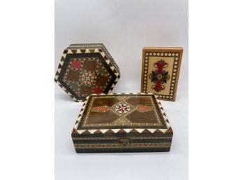 Persian Hexagonal And Rectangular Marquetry Inlaid Wood Trinket Box, And Polish Hans Carved Trinket Box