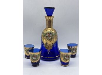 Italian Cobalt Blue Glass And Gold Decanter And Shot Glasses.