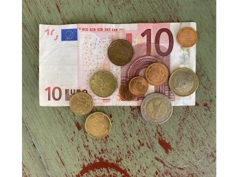 10 Euro Bank Note With Coins