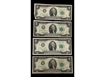 (4) $2 Dollar Bills, Series 1976 With Jefferson On Front