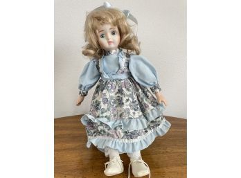 Darling Porcelain Doll In A Floral Blue Dress