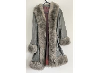 Vintage Faux Leather/fur Grey Long Coat