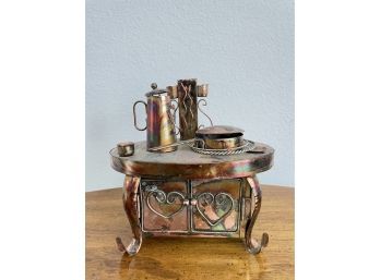 Vintage Copper Tin Metal Stove, Wind Up Music Box.