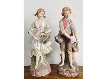 Charming Girl And Boy Farmer Figurines.