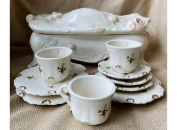 10 Inch Potpourri Dish Plus Miniature Antique Teacup Set With Matching Saucers