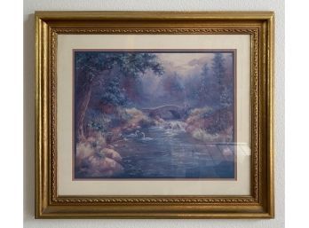 Canvas Print, Beautiful Swans And Bridge Painting In Ornate Frame