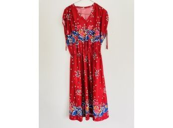 Beautiful Red Knee Length Dress With Floral Designs. Size M