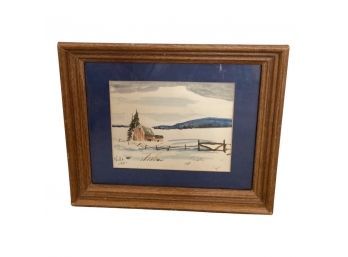 Watercolor Painting Of Barn In Snow, Signed By Nilla In Frame