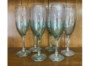 (6) Beautiful Champaign Flutes With Ombre Green Glass