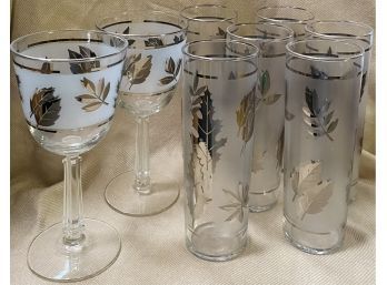 (6) Frosted Drinking Glasses With Leaf Design And (2) Matching Wine Glasses