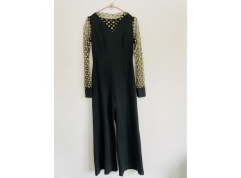 Super Unique Vintage Black Jumpsuit With Gold Designs On The Sheer Sleeves