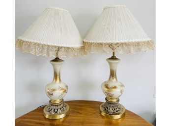 Vintage Decorative Table Lamps With Raised White Floral Decor, Gold Tone Metal, Brass And Glass  (2)