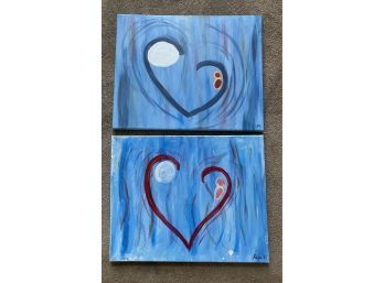 Matching Heart Paintings, Blue On Canvas