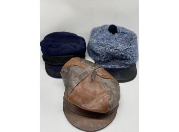 Collection Of Hats: Wool Fisherman Hat, Vintage Leather Cap, Fur Cap