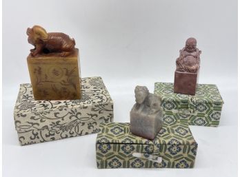 Antique Chinese Asian Carved Stone Chops Seals- Rabbit, Ram And Buddha