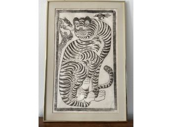 Korean Folk Tiger Pencil Artwork, Framed