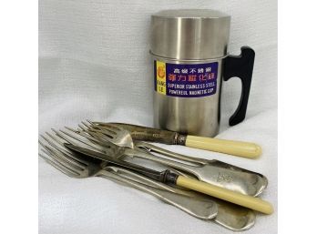 Kang Le Stainless Steel Mug, Plus (7) Pieces Various Flatware Pieces