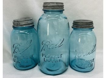 (3) Blue Glass BALL Mason Jars With Tin Lids