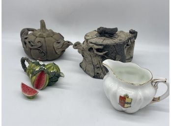 Antique Collection Of Miniature Teapots Including A Tree Stump, Pumpkin, And Watermelon Designs