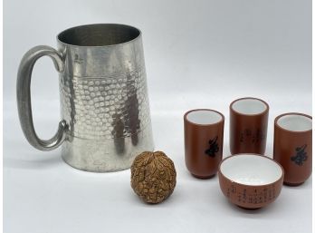 Small Chinese Tea Cups (4), Metal Beer Mug, And Hand Carved Walnut Shell