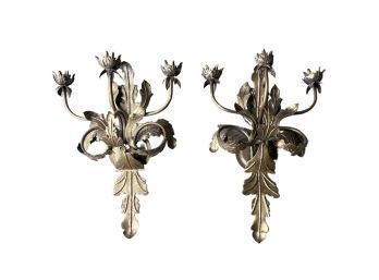 Lovely Set Of Gold Colored Metal Sconces, Large