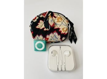 Apple Ipod Shuffle In Green And Brand New Apple Headphones, In A Vera Bradley Case.