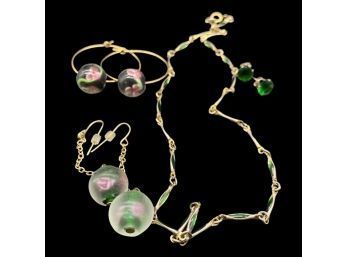 Gold And Green Color Jewelry Collection, Including (3) Pairs Of Earrings And Chain