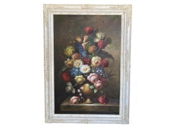 Stunning Oil On Canvas Painting, Still Life Flowers In Pot, Signed By Artist