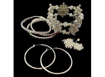 Silver Snowflake Bracelet With Matching Earrings, Plus (3) Elastic Bracelets And Hoop Earrings