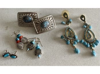 (5) Silver Earrings With Turquoise Color Accents. (1) Pair Broken