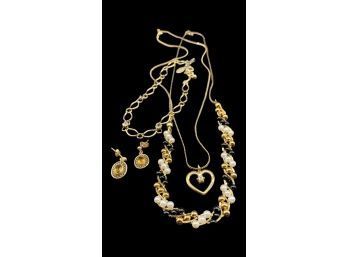 Black And Gold Color Jewelry Collection, Including (2) Necklaces, Bracelet, And Pair Of Earrings