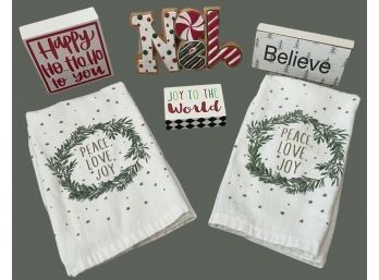 Holiday Decor Including Kitchen Towels And Mini Signs