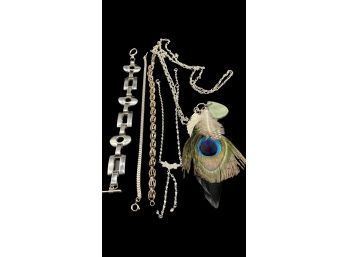 Long Chain Peacock Feather Necklace, Plus (4) Silver Color Bracelets