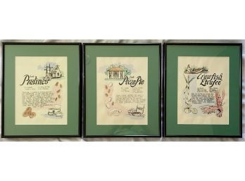 Series Of (3) Cajun Style Recipe Art Prints In Frames With Glass, 12X15 Inches Each