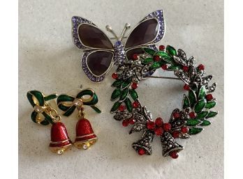 (2) Brooches, Including (1) Christmas Brooch With Matching Bell Earrings