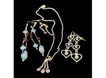 Pink Accented Necklace With Matching Earrings, Plus (2) Additional Pairs Of Earrings