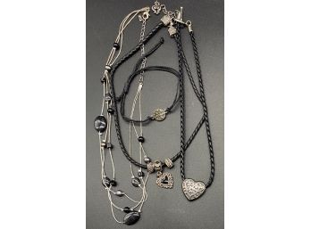 (3) Black And Silver Necklaces, Plus Boho Black Bracelet