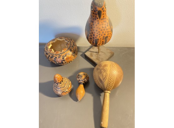 Set Of Vintage Carved Story Telling Gourds, Carved Wood Maraca, Carved Peruvian Bird Statue