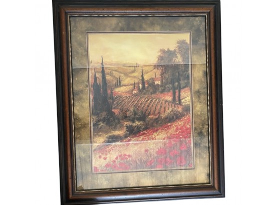 Beautiful Tuscan Valley With Red Flowers. Gallery Frame With Glass