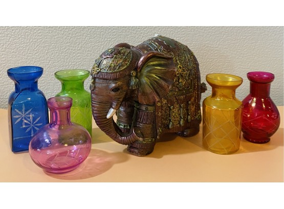 Elephant Candle, Plus (5) Mini Colored Glass Jars