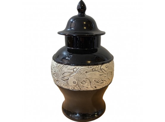 Beautiful Cookie Jar With Koi Fish Design. Stands 15 Inches