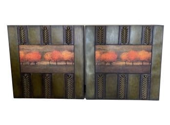 Pair Of Art Pieces With Autumn Trees Design, Metal, No Glass