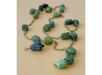 Beautiful Green And Gold Color Bead Necklace, Plus Extra Glass Seashell Charm