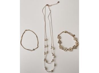 Jewelry! Lovely Double Necklace, Floral Bracelet And Simple Double Gold Colored Chain Bracelet