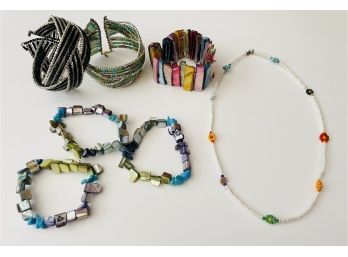 Multicolored Jewelry! Beaded Stretchy Band Bracelets, Floral Beaded Necklace, And 2 Cross Beaded Bracelets