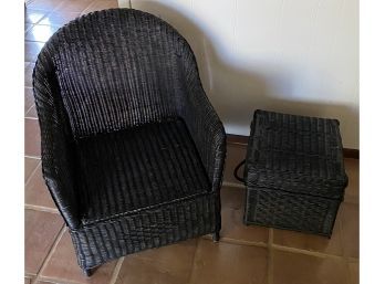Black Wicker Chair With Matching Storage. Both Pieces Have Flip Top Storage!