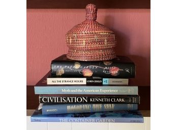 Collection Of Hardcover Books And Small Basket With Lid